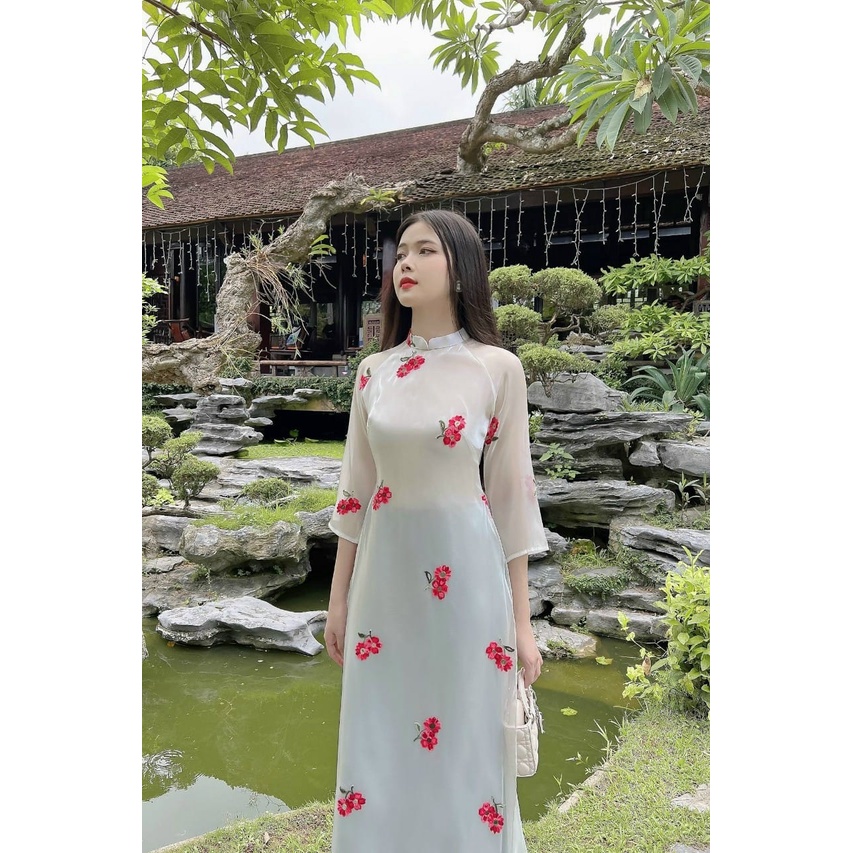 Áo dài hoa nhí cách tân nữ dáng xuông rộng CHAANG may sẵn lụa tơ 4 tà suông dự tiệc lễ tết đẹp ADC602