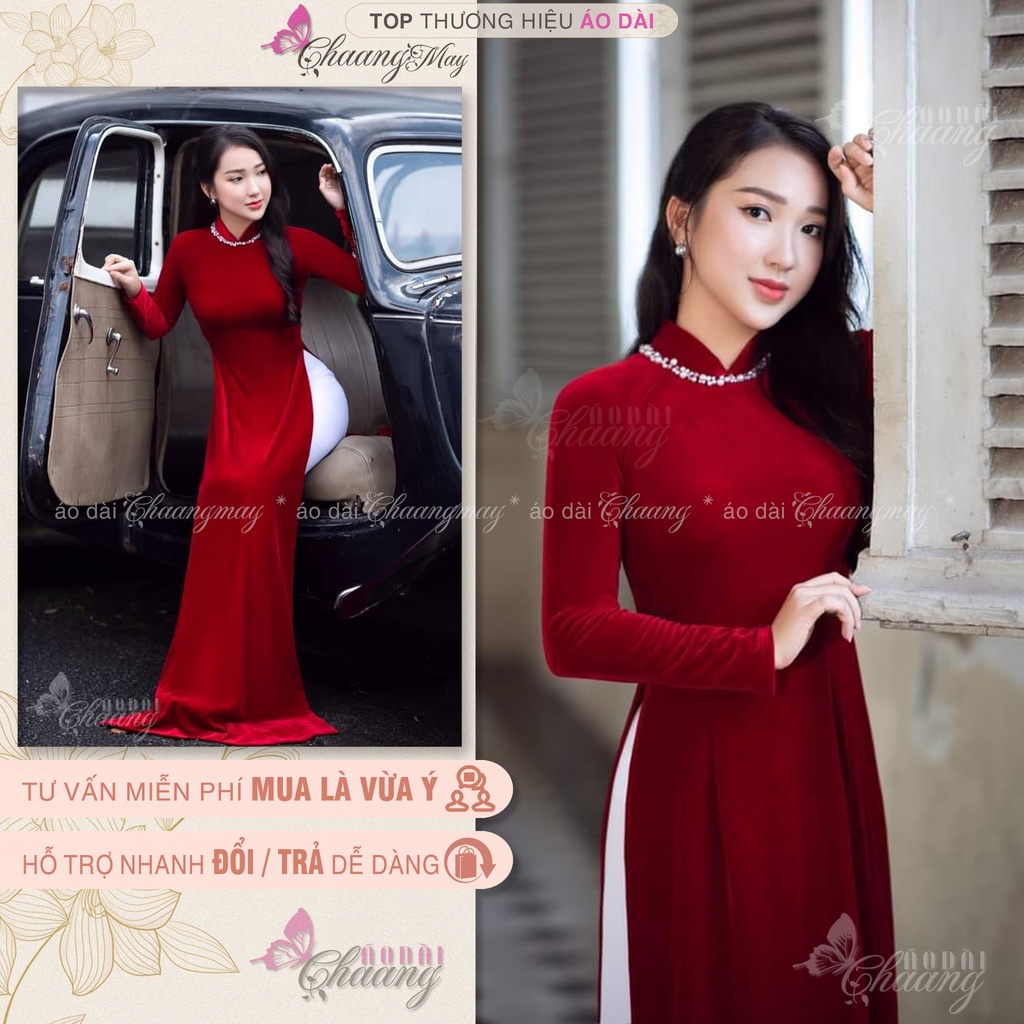 Áo dài Nhung đỏ cổ ngọc truyền thống Chaang may sẵn cô dâu cưới dự tiệc lễ tết đẹp sang trọng ADC520