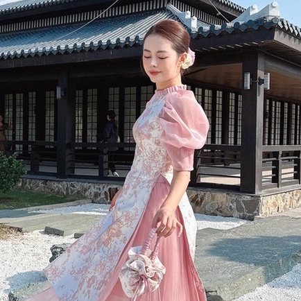 Áo dài cách tân nữ Thi Loan Chi họa tiết nhí Chaang may sẵn cổ xếp bèo tay bồng lỡ dự tiệc lế tết đẹp ADC607