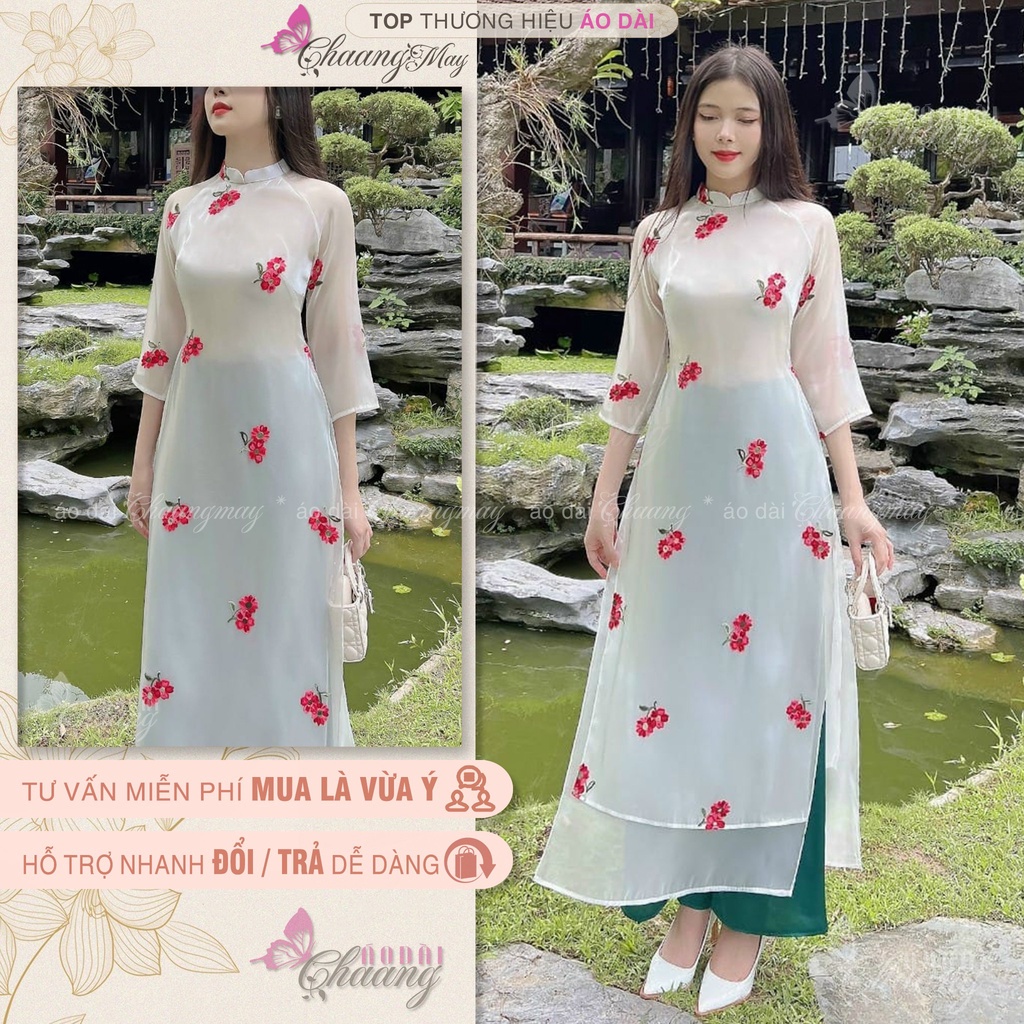 Áo dài hoa nhí cách tân nữ dáng xuông rộng CHAANG may sẵn lụa tơ 4 tà suông dự tiệc lễ tết đẹp ADC602