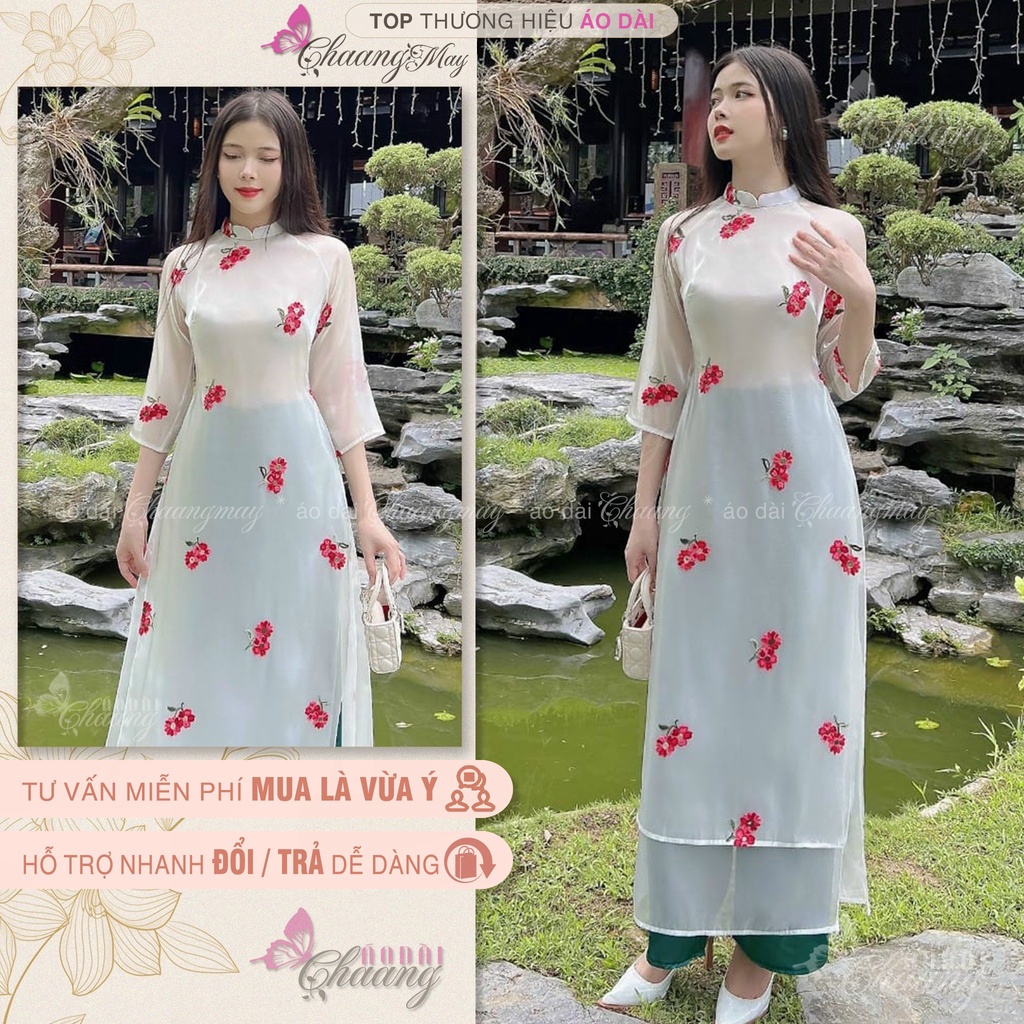 Áo dài hoa nhí cách tân nữ dáng xuông rộng CHAANG may sẵn lụa tơ 4 tà suông dự tiệc lễ tết đẹp ADC602