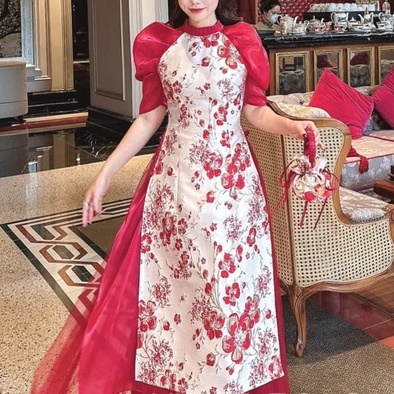 Áo dài cách tân nữ Thi Loan Chi họa tiết nhí Chaang may sẵn cổ xếp bèo tay bồng lỡ dự tiệc lế tết đẹp ADC607