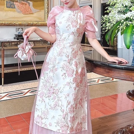 Áo dài cách tân nữ Thi Loan Chi họa tiết nhí Chaang may sẵn cổ xếp bèo tay bồng lỡ dự tiệc lế tết đẹp ADC607