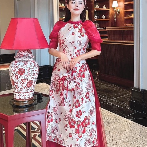 Áo dài cách tân nữ Thi Loan Chi họa tiết nhí Chaang may sẵn cổ xếp bèo tay bồng lỡ dự tiệc lế tết đẹp ADC607