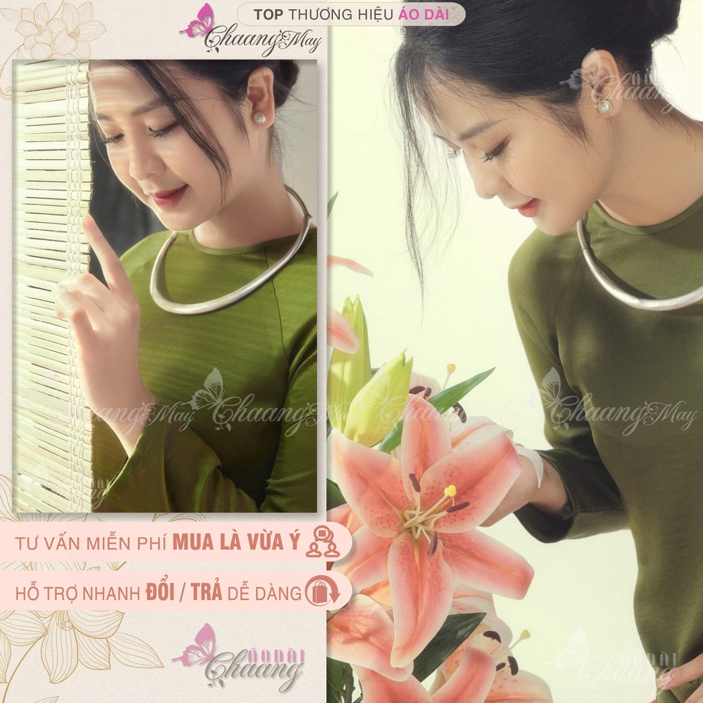 Áo dài cách tân nữ xanh cốm dáng suông xưa Chaang may sẵn lụa xuông bầu dự tiệc lễ tết đẹp ADC719