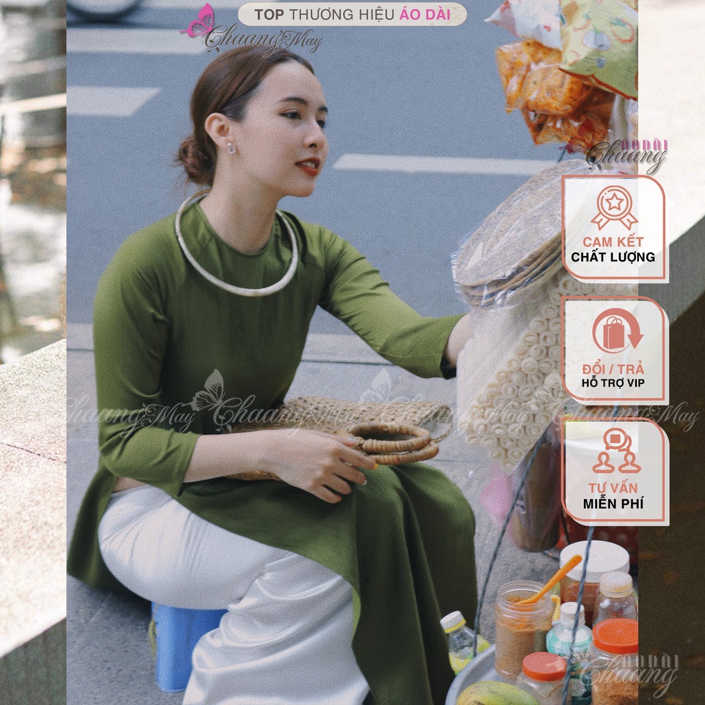 Áo dài cách tân nữ xanh cốm dáng suông xưa Chaang may sẵn lụa xuông bầu dự tiệc lễ tết đẹp ADC719
