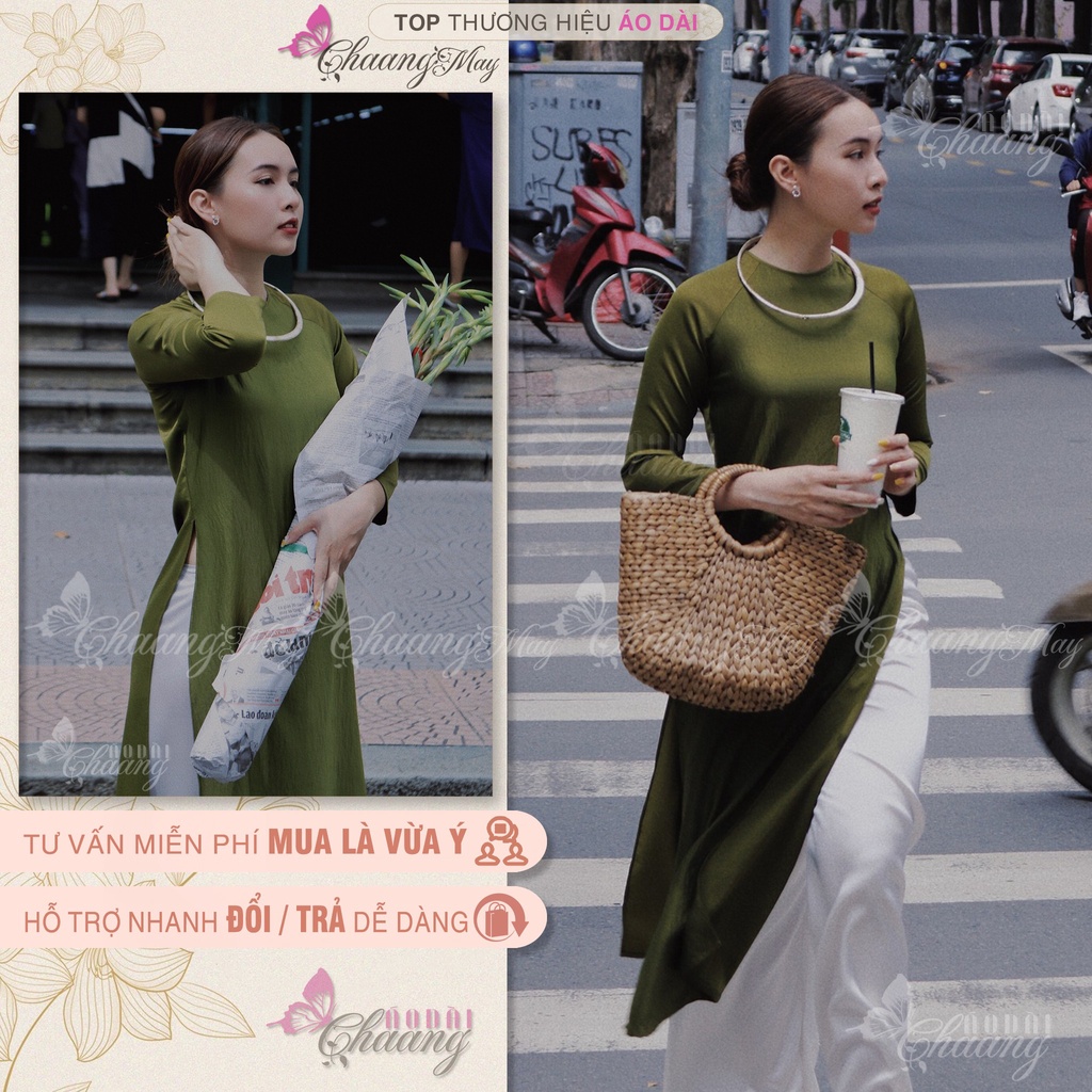 Áo dài cách tân nữ xanh cốm dáng suông xưa Chaang may sẵn lụa xuông bầu dự tiệc lễ tết đẹp ADC719