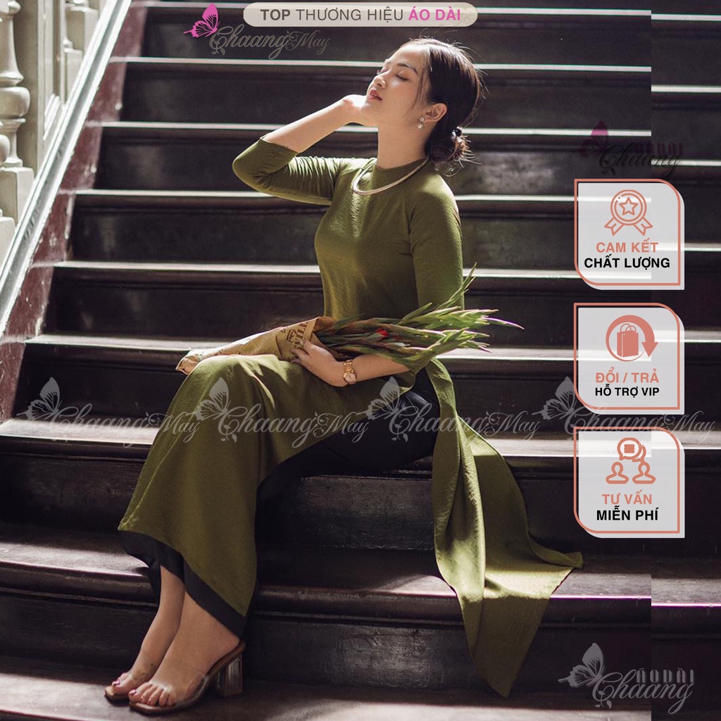 Áo dài cách tân nữ xanh cốm dáng suông xưa Chaang may sẵn lụa xuông bầu dự tiệc lễ tết đẹp ADC719
