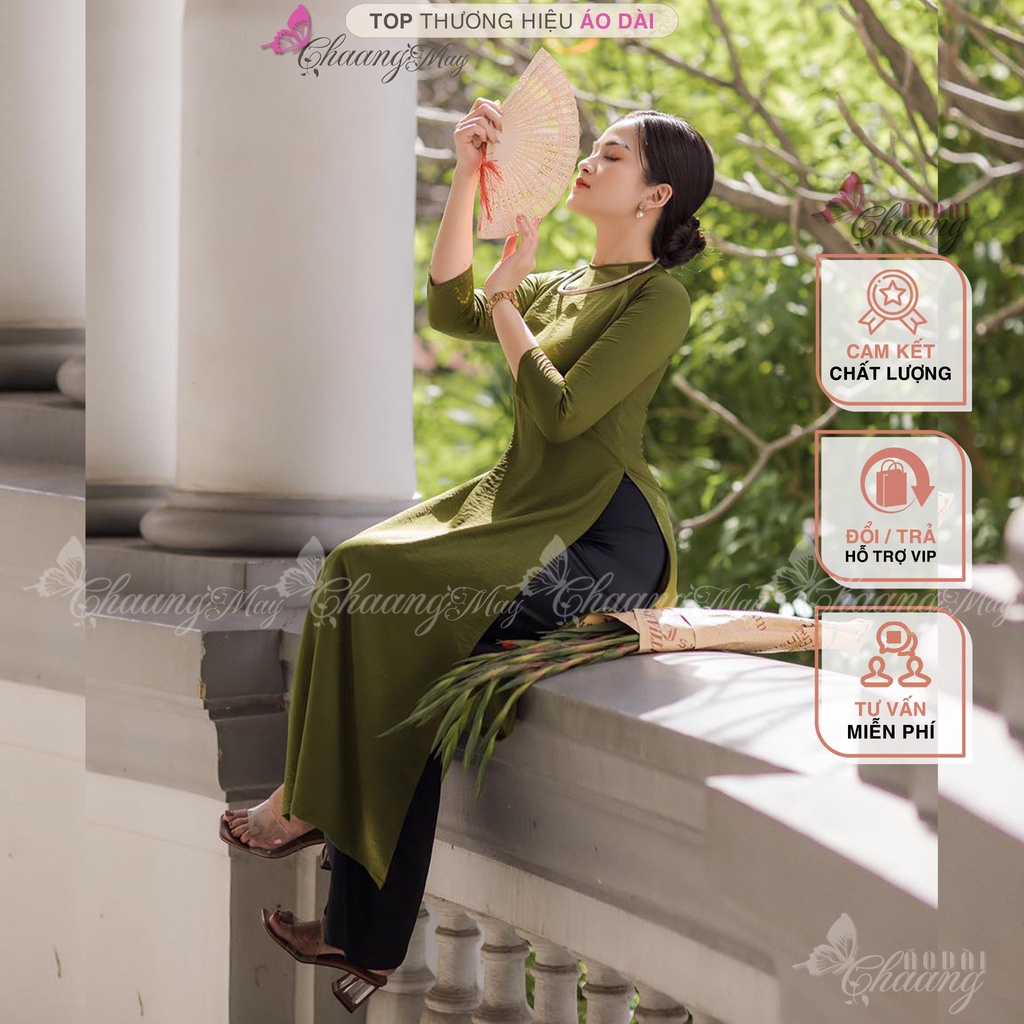 Áo dài cách tân nữ xanh cốm dáng suông xưa Chaang may sẵn lụa xuông bầu dự tiệc lễ tết đẹp ADC719