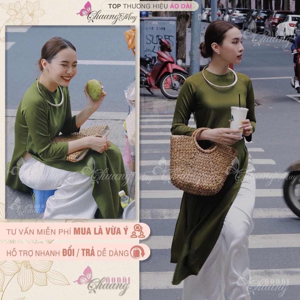 Áo dài cách tân nữ xanh cốm dáng suông xưa Chaang may sẵn lụa xuông bầu dự tiệc lễ tết đẹp ADC719