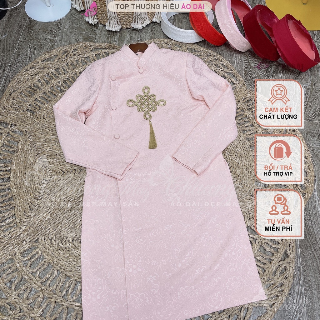 Áo dài cách tân nam truyền thống Chaang May sẵn vải gấm đỏ vàng hồng đính họa tiết dự tiệc cưới lễ tết đẹp ADC131