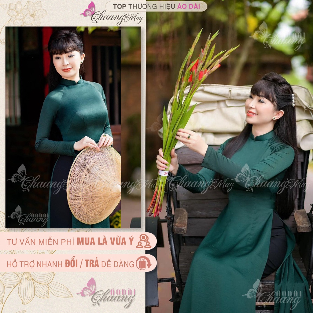 Áo dài truyền thống Xanh Rêu đậm Chaang May sẵn cổ sen cao tay dài vải lụa dự tiệc lễ tết đẹp ADC743