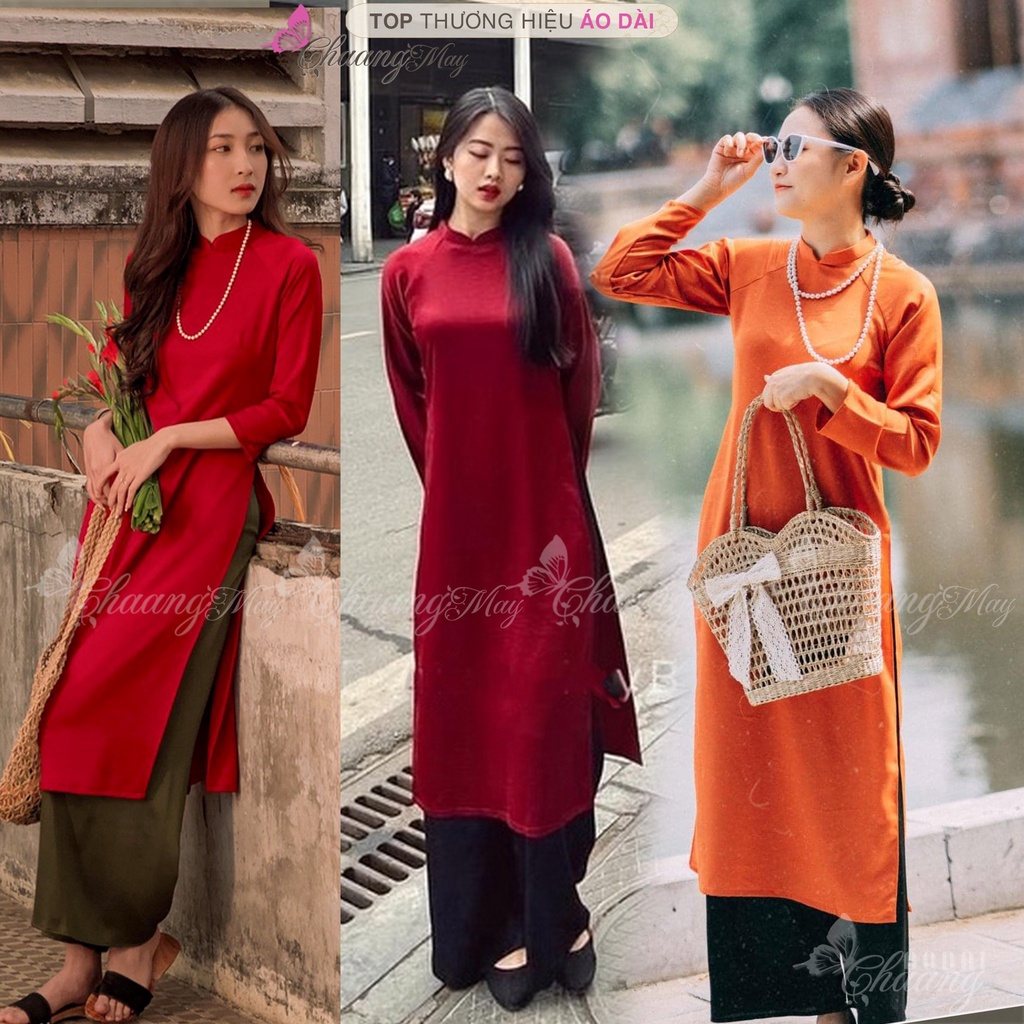 Áo dài cách tân nữ dáng xuông CHAANG may sẵn lụa suông bầu Cam Đỏ Đô Tươi dự tiệc lễ tết đẹp ADC738