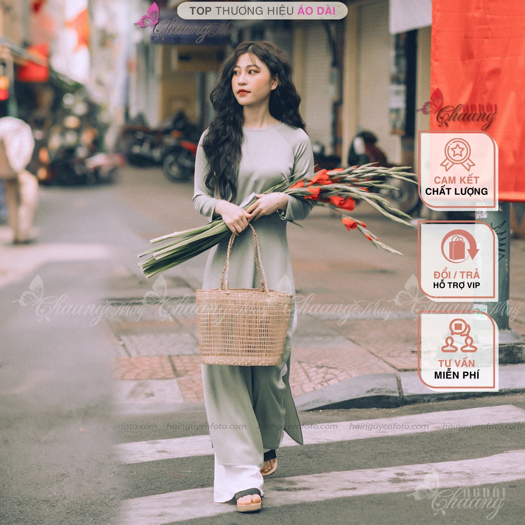 Áo dài cách tân nữ xanh đá ngọc dáng suông xưa Chaang may sẵn lụa xuông bầu dự tiệc lễ tết đẹp ADC729