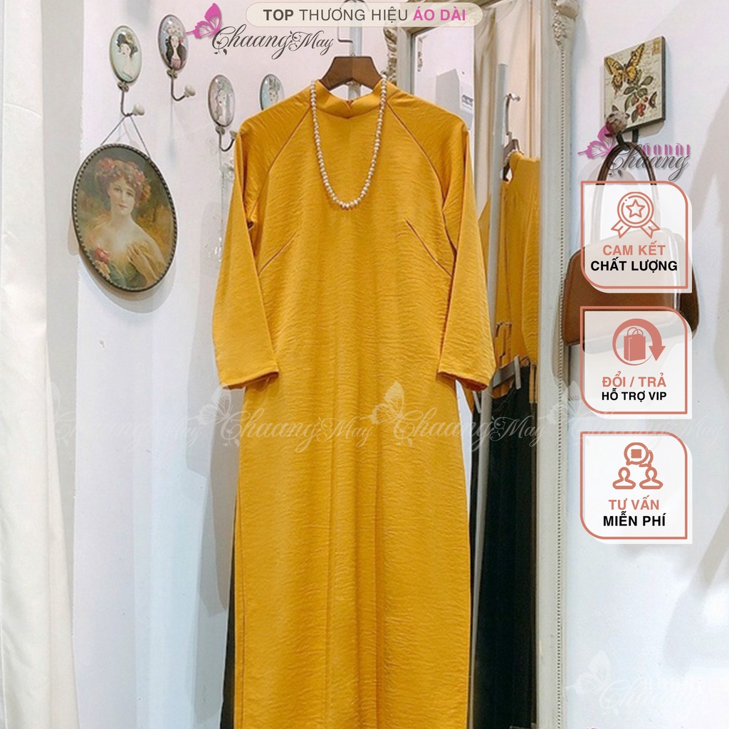 Áo dài Trắng Vàng cách tân nữ dáng suông xưa CHAANG may sẵn lụa xuông bầu dự tiệc lễ tết đẹp ADC740