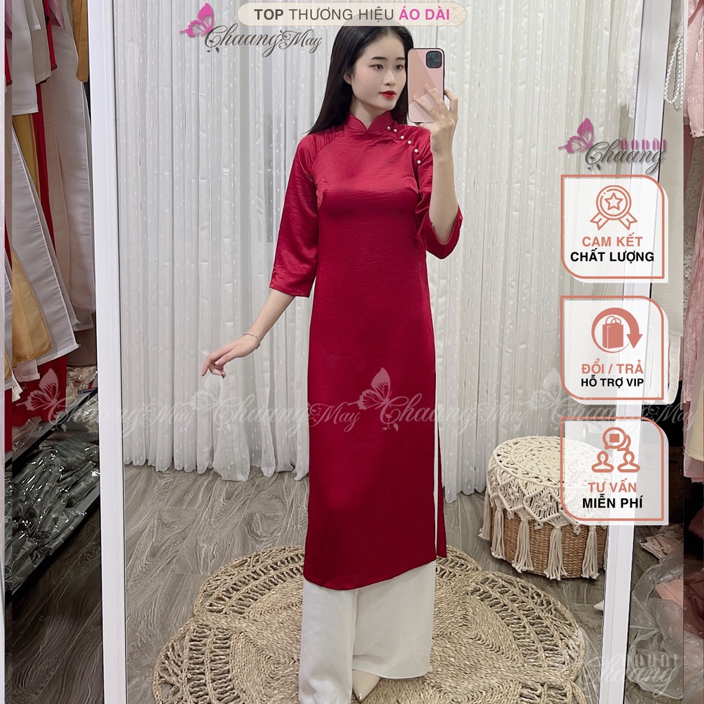 Áo dài Đỏ Đô cách tân nữ dáng suông xưa Chaang may sẵn xuông bầu rộng che khuyết điểm dự tiệc lễ tết đẹp ADC101
