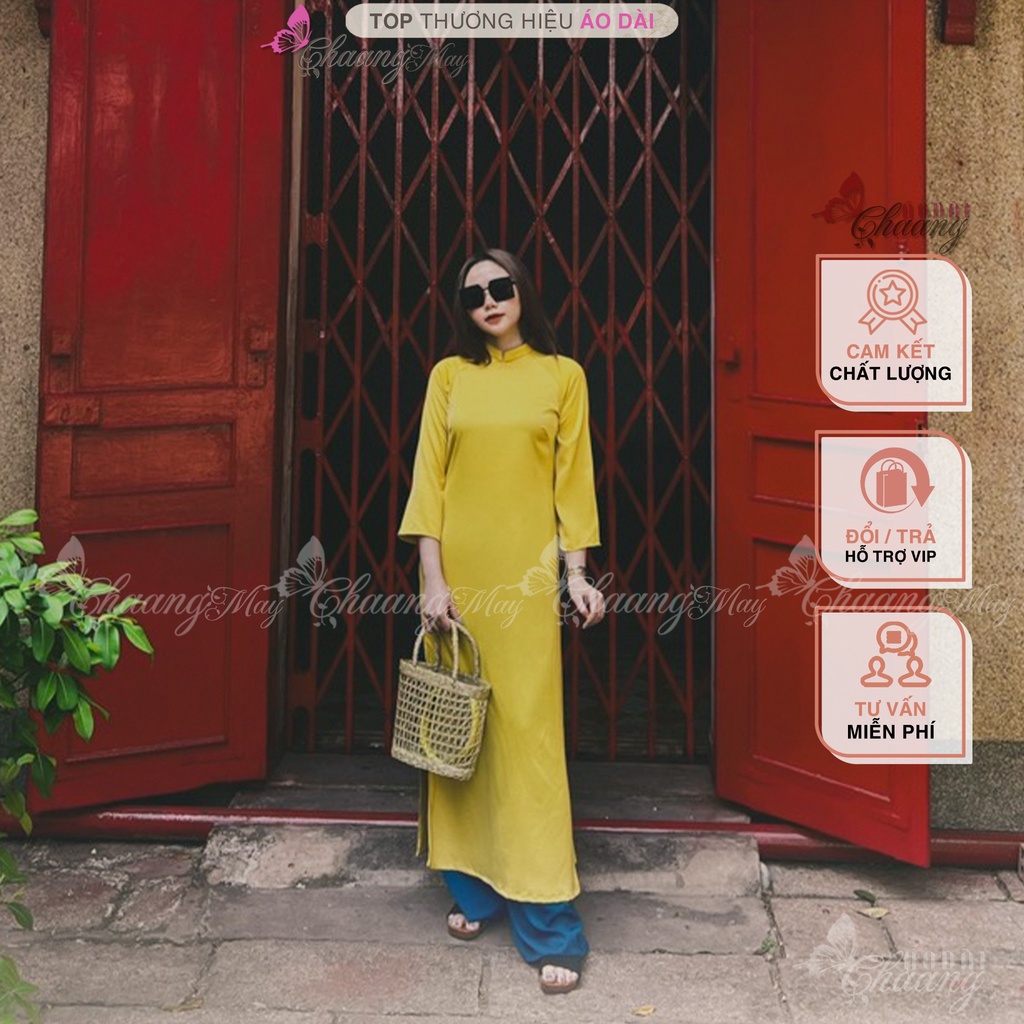Áo dài Trắng Vàng cách tân nữ dáng suông xưa CHAANG may sẵn lụa xuông bầu dự tiệc lễ tết đẹp ADC740