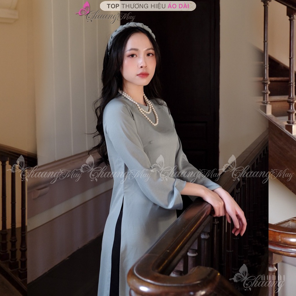 Áo dài cách tân nữ xanh đá ngọc dáng suông xưa Chaang may sẵn lụa xuông bầu dự tiệc lễ tết đẹp ADC729