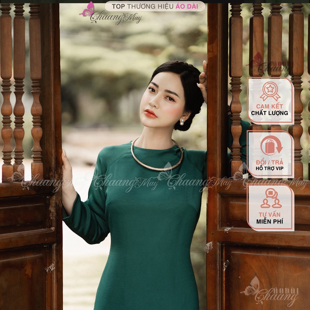 Áo dài cách tân nữ xanh rêu dáng suông xưa Chaang may sẵn lụa xuông bầu dự tiệc lễ tết đẹp ADC730