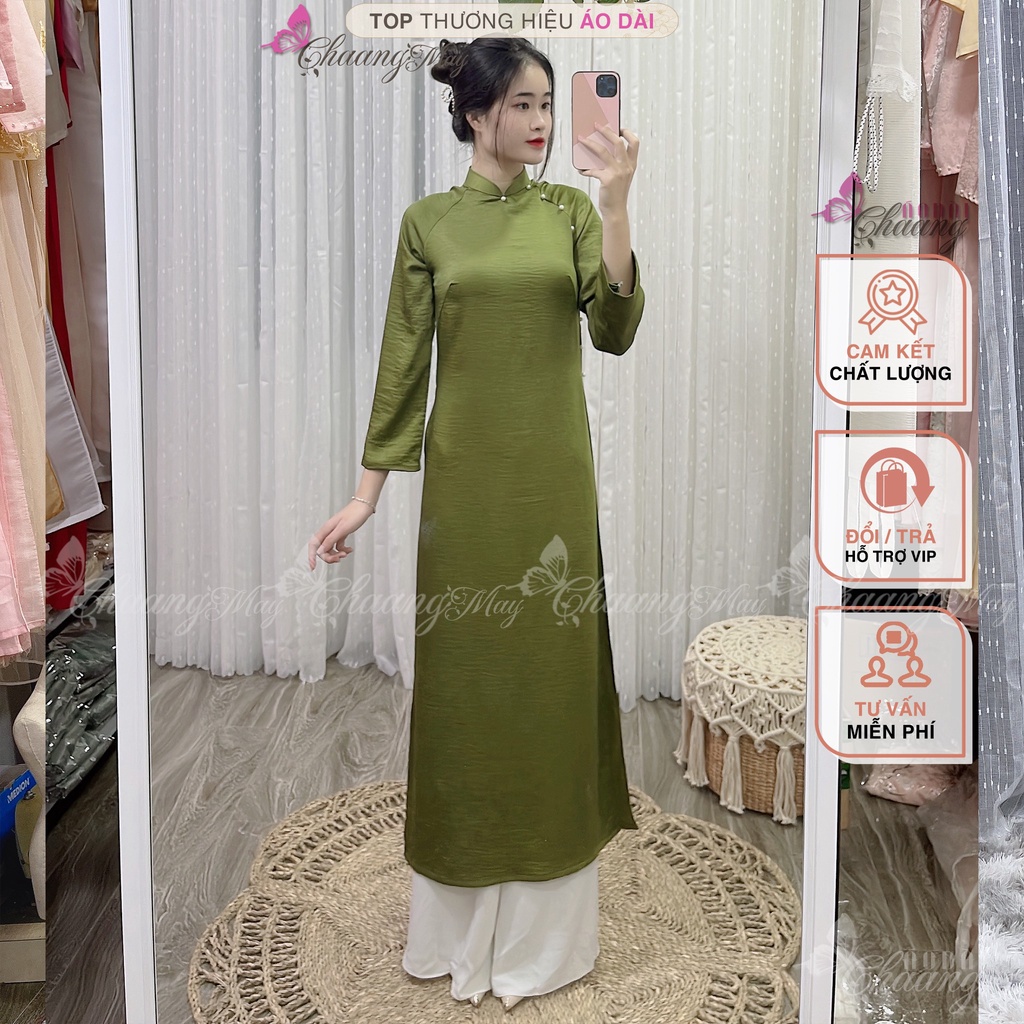 Áo dài cách tân nữ Xanh Cốm dáng suông xưa Chaang may sẵn xuông bầu rộng che khuyết điểm dự tiệc lễ tết đẹp ADC108