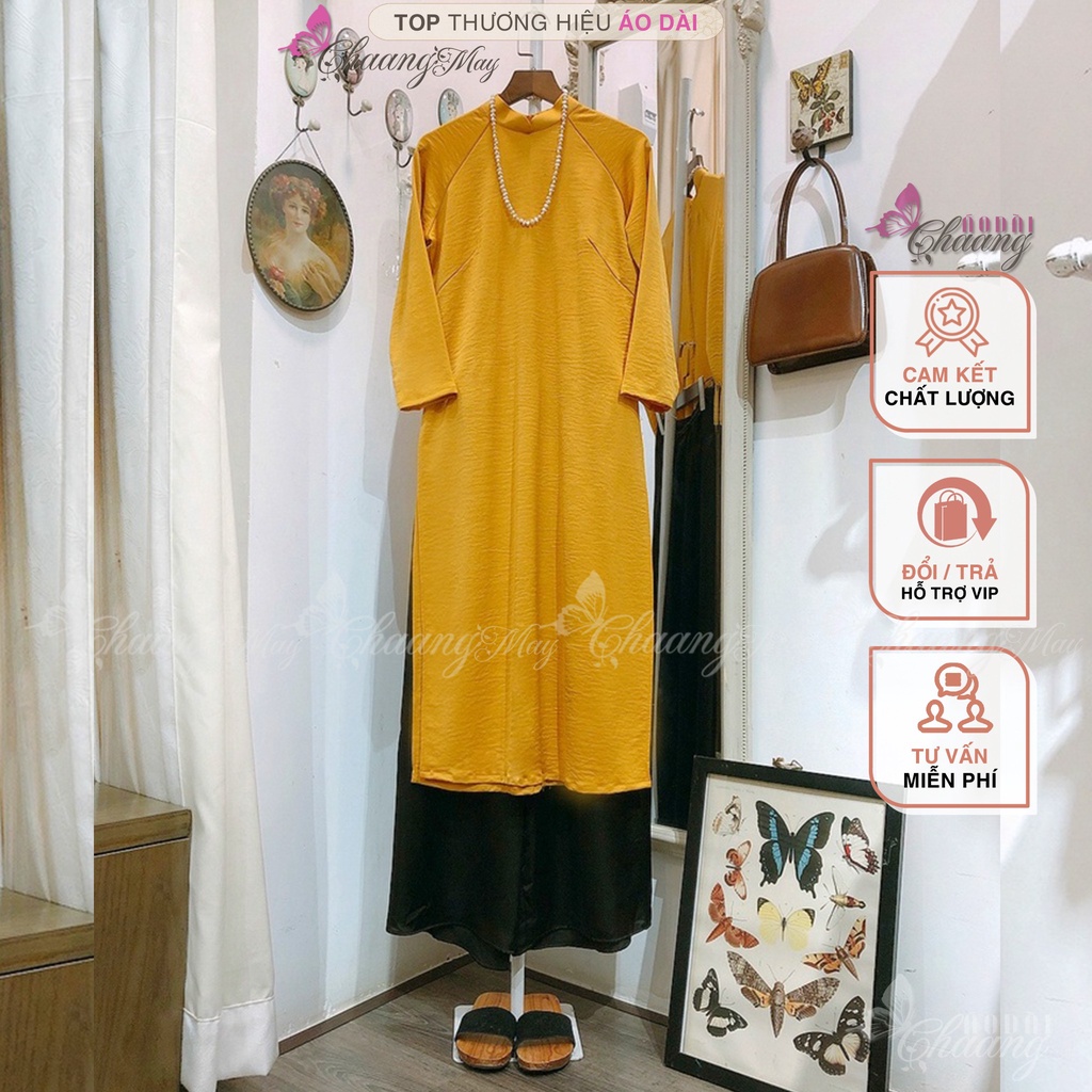 Áo dài Trắng Vàng cách tân nữ dáng suông xưa CHAANG may sẵn lụa xuông bầu dự tiệc lễ tết đẹp ADC740