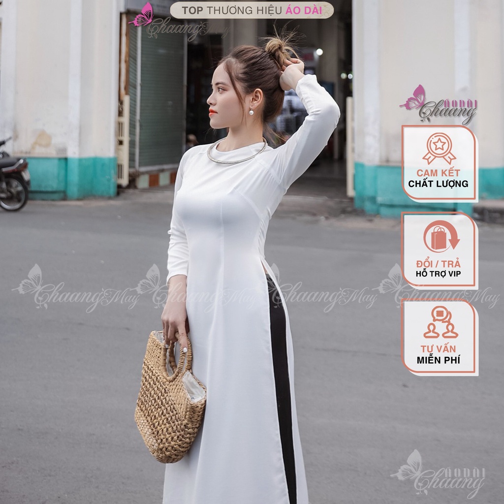 Áo dài Trắng truyền thống học sinh nữ đi học Chaang May sẵn cổ tròn tay dài vải lụa dự tiệc lễ tết đẹp ADC720