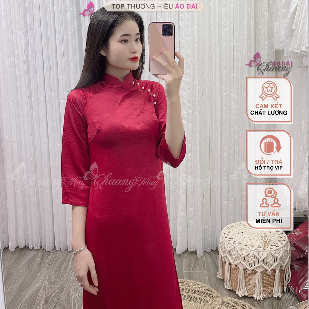 Áo dài Đỏ Đô cách tân nữ dáng suông xưa Chaang may sẵn xuông bầu rộng che khuyết điểm dự tiệc lễ tết đẹp ADC101