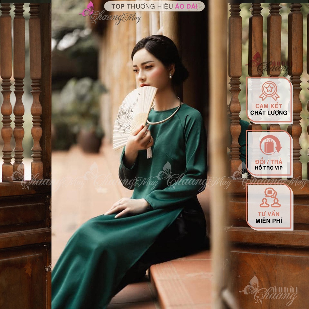 Áo dài cách tân nữ xanh rêu dáng suông xưa Chaang may sẵn lụa xuông bầu dự tiệc lễ tết đẹp ADC730