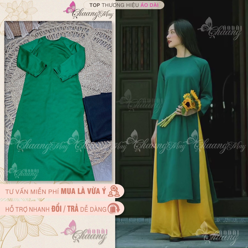 Áo dài cách tân nữ xanh rêu dáng suông xưa Chaang may sẵn lụa xuông bầu dự tiệc lễ tết đẹp ADC730