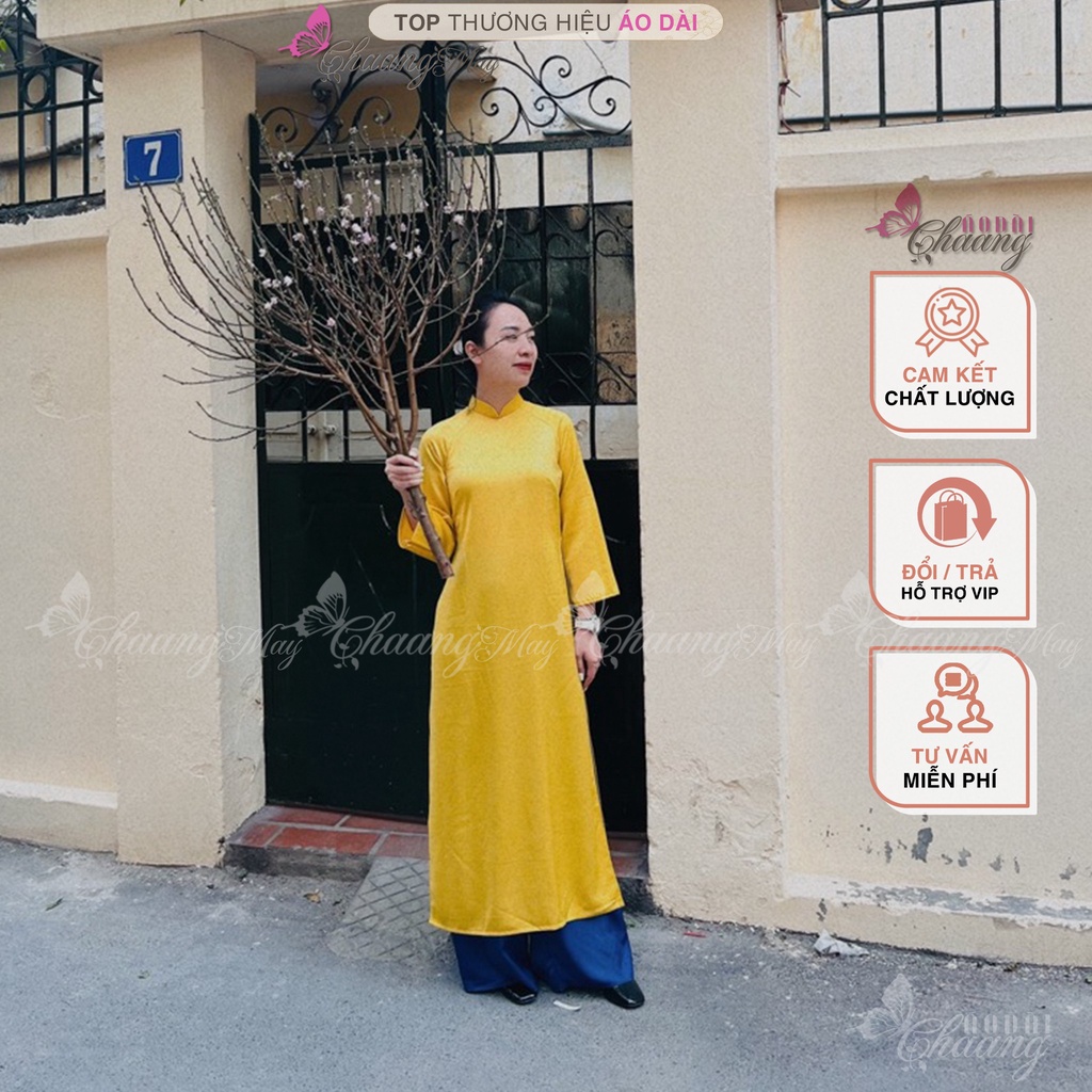 Áo dài Trắng Vàng cách tân nữ dáng suông xưa CHAANG may sẵn lụa xuông bầu dự tiệc lễ tết đẹp ADC740