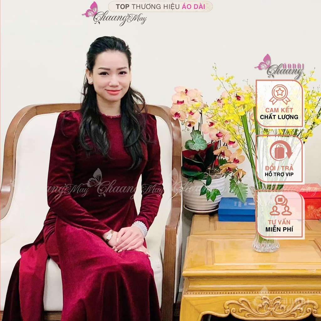 Áo dài Nhung cách tân cổ tròn đính pha lê cao cấp Chaang May sẵn tay vai bồng dự tiệc cưới lễ tết đẹp ADC735