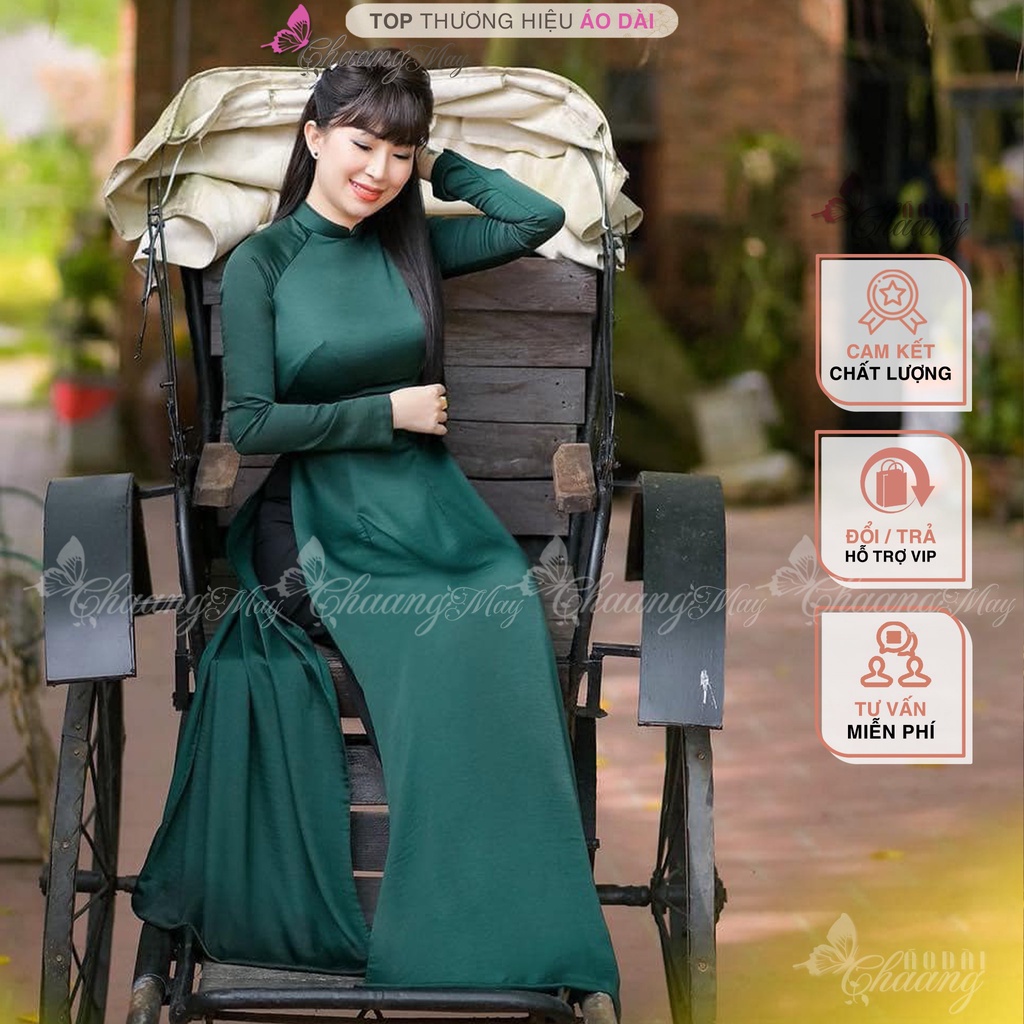Áo dài truyền thống Xanh Rêu đậm Chaang May sẵn cổ sen cao tay dài vải lụa dự tiệc lễ tết đẹp ADC743