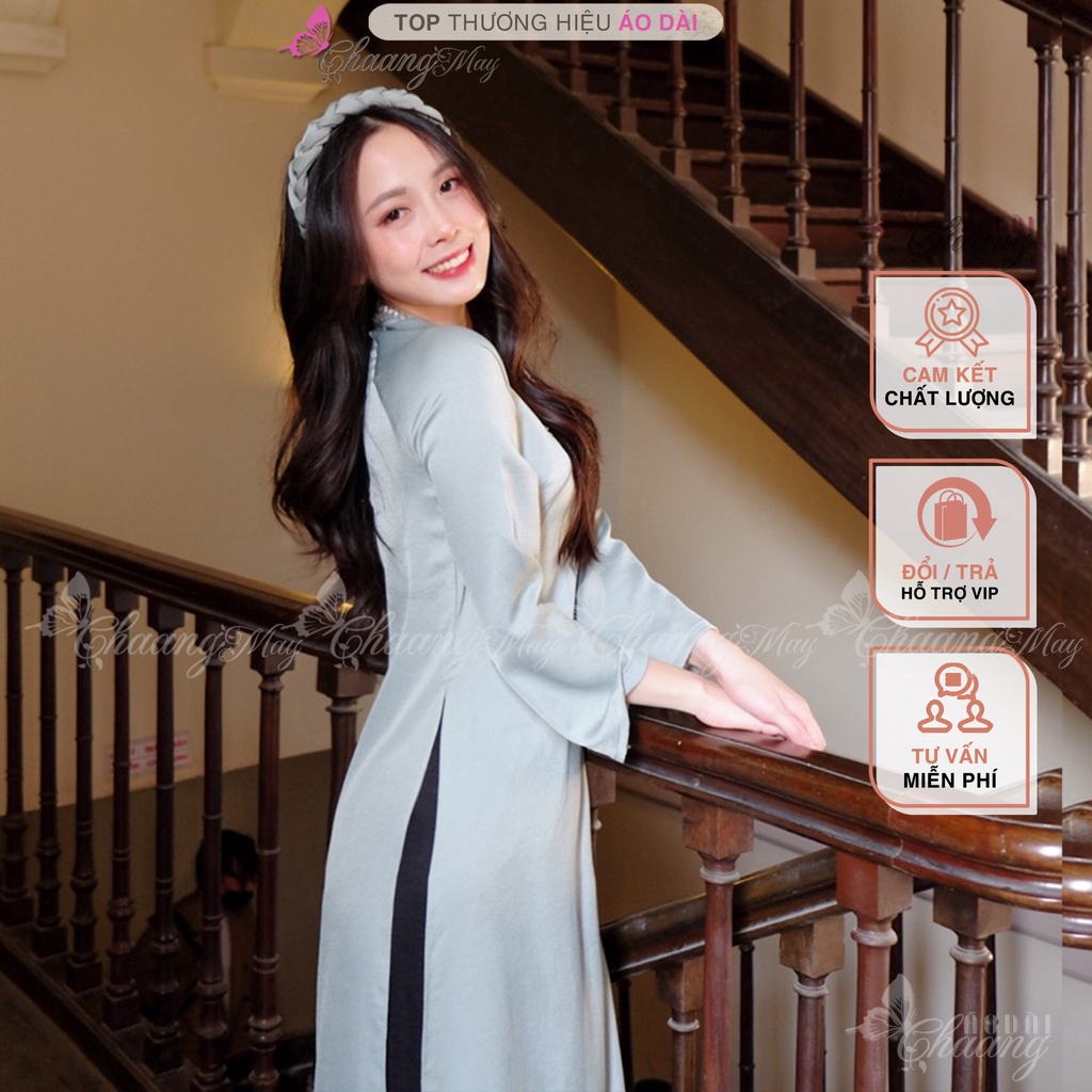 Áo dài cách tân nữ xanh đá ngọc dáng suông xưa Chaang may sẵn lụa xuông bầu dự tiệc lễ tết đẹp ADC729