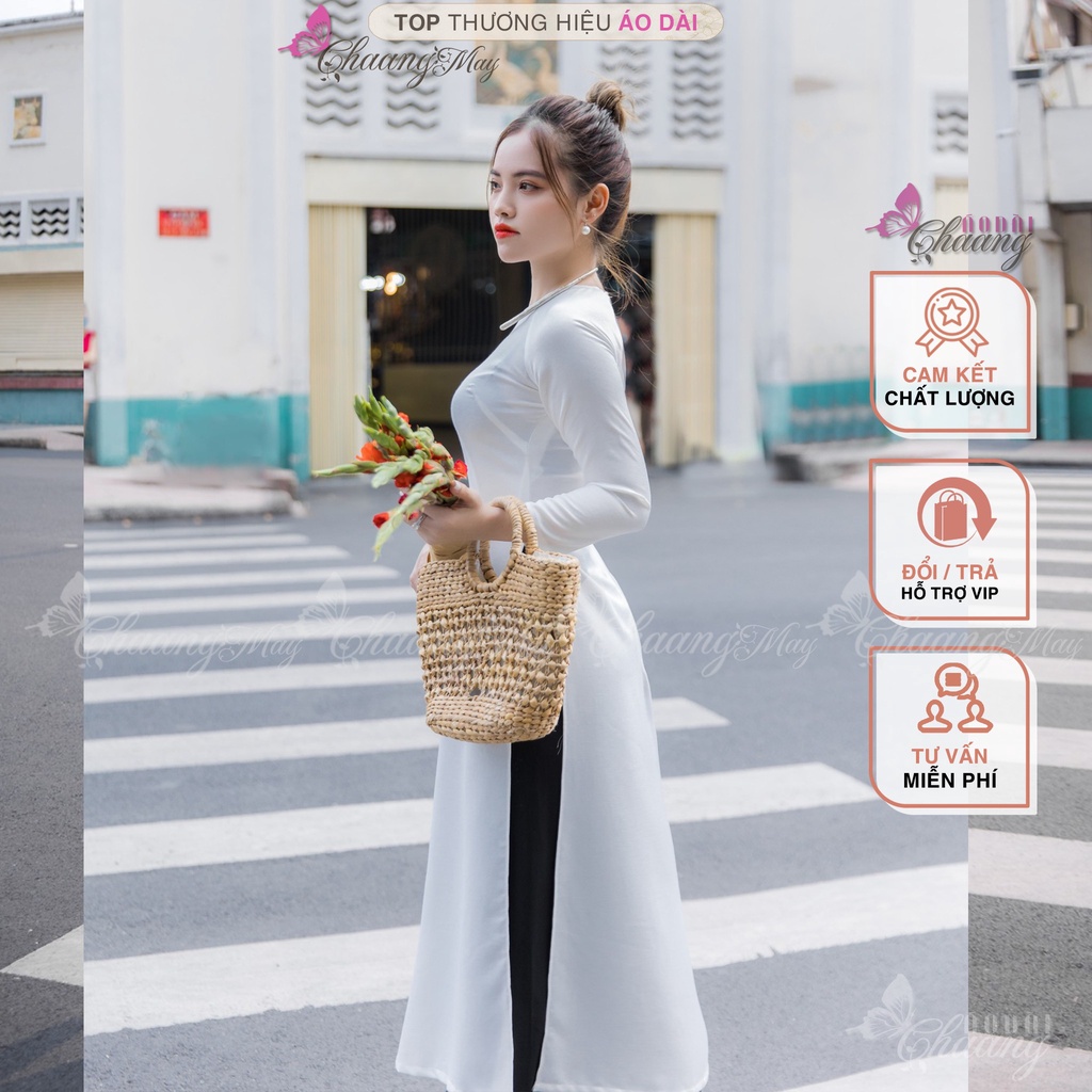 Áo dài Trắng truyền thống học sinh nữ đi học Chaang May sẵn cổ tròn tay dài vải lụa dự tiệc lễ tết đẹp ADC720