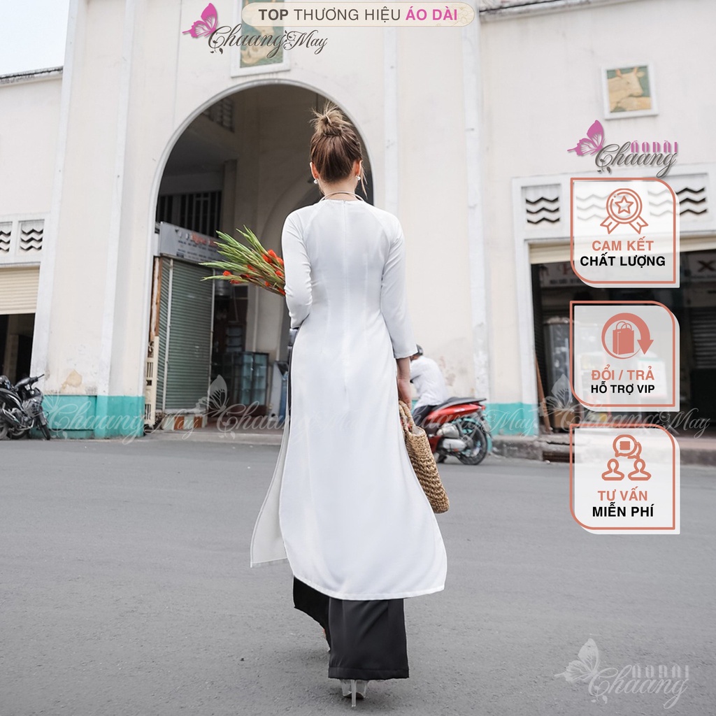 Áo dài Trắng truyền thống học sinh nữ đi học Chaang May sẵn cổ tròn tay dài vải lụa dự tiệc lễ tết đẹp ADC720