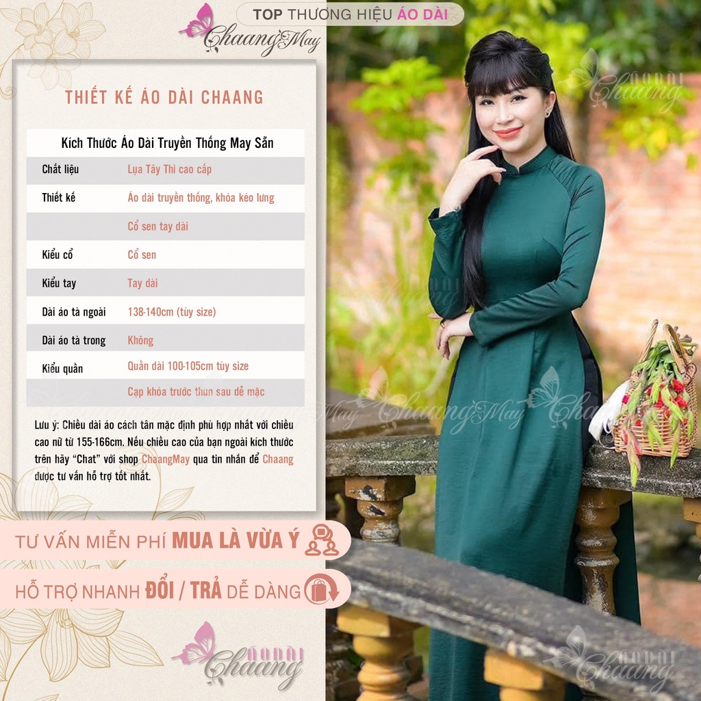 Áo dài truyền thống Xanh Rêu đậm Chaang May sẵn cổ sen cao tay dài vải lụa dự tiệc lễ tết đẹp ADC743