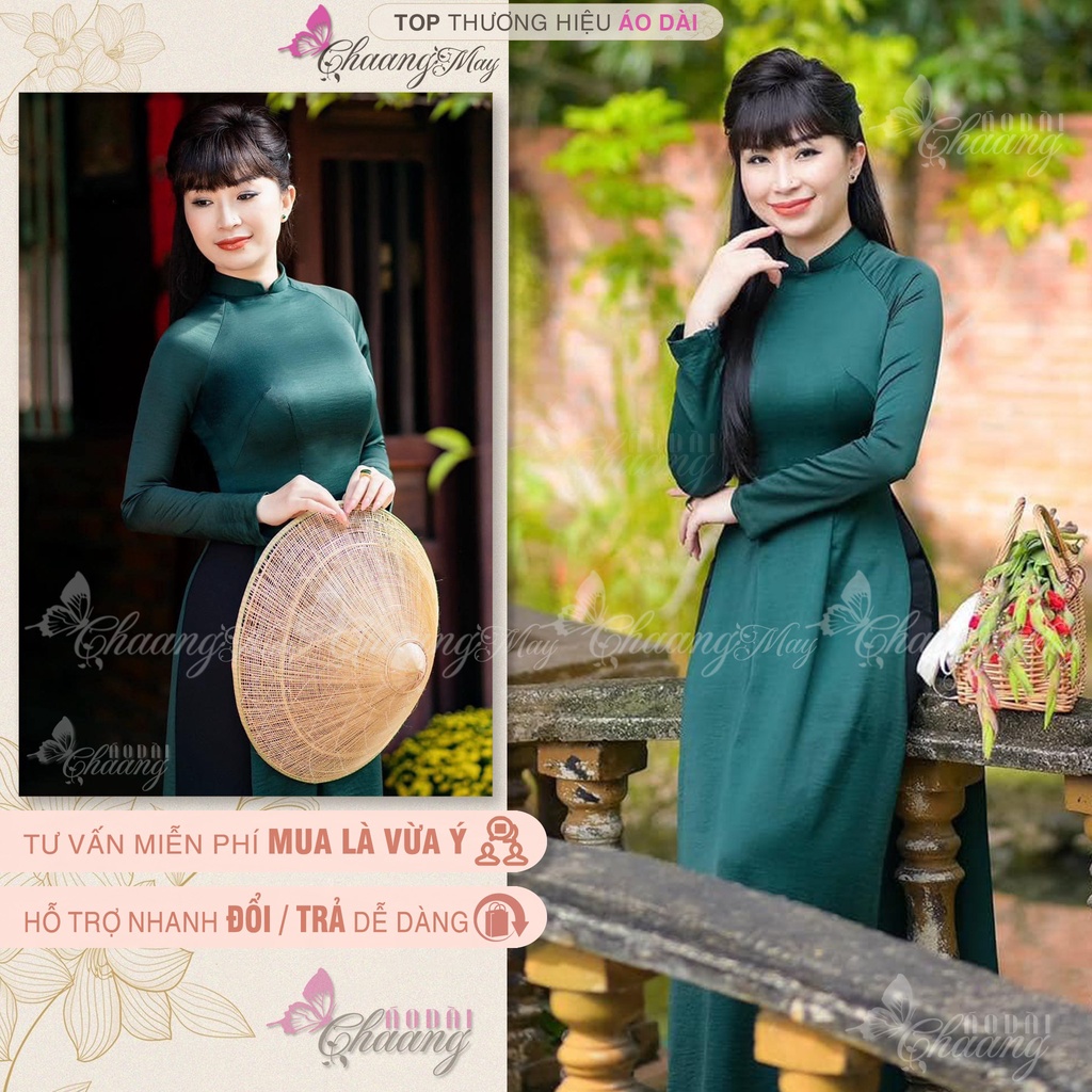 Áo dài truyền thống Xanh Rêu đậm Chaang May sẵn cổ sen cao tay dài vải lụa dự tiệc lễ tết đẹp ADC743