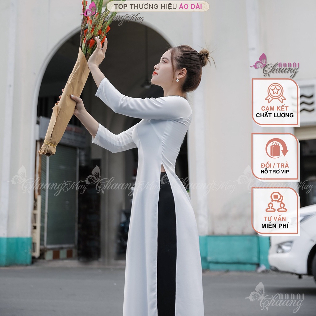 Áo dài Trắng truyền thống học sinh nữ đi học Chaang May sẵn cổ tròn tay dài vải lụa dự tiệc lễ tết đẹp ADC720