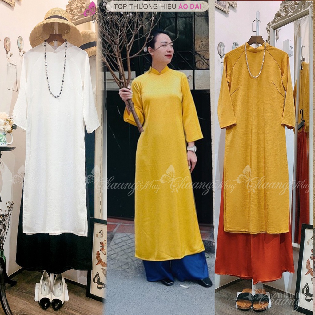 Áo dài Trắng Vàng cách tân nữ dáng suông xưa CHAANG may sẵn lụa xuông bầu dự tiệc lễ tết đẹp ADC740