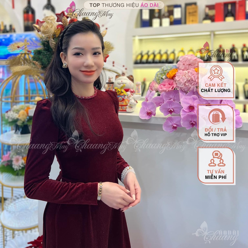 Áo dài Nhung cách tân cổ tròn đính pha lê cao cấp Chaang May sẵn tay vai bồng dự tiệc cưới lễ tết đẹp ADC735
