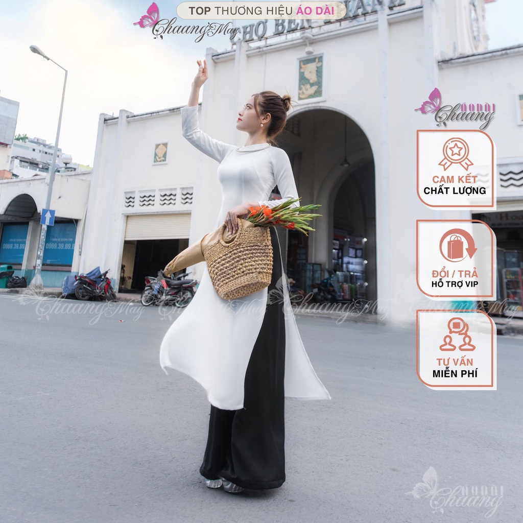 Áo dài Trắng truyền thống học sinh nữ đi học Chaang May sẵn cổ tròn tay dài vải lụa dự tiệc lễ tết đẹp ADC720