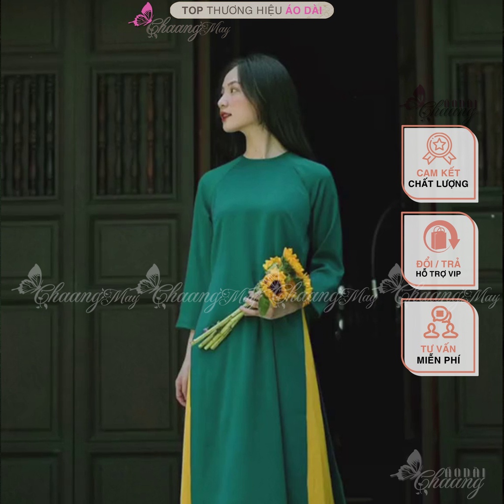Áo dài cách tân nữ xanh rêu dáng suông xưa Chaang may sẵn lụa xuông bầu dự tiệc lễ tết đẹp ADC730