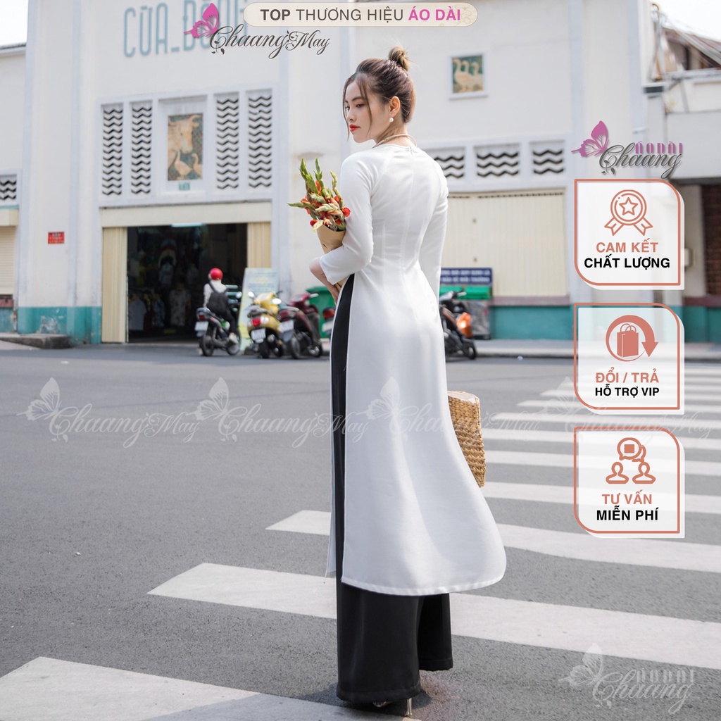 Áo dài Trắng truyền thống học sinh nữ đi học Chaang May sẵn cổ tròn tay dài vải lụa dự tiệc lễ tết đẹp ADC720