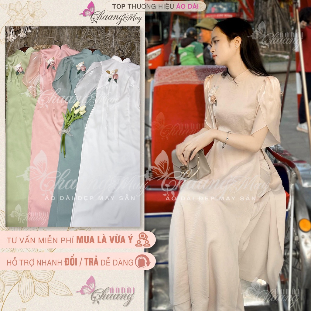 Áo dài cách tân nữ tay cánh hoa hồng Chaang may sẵn vải lụa dáng truyền thống dự tiệc cưới lễ tết đẹp ADC683