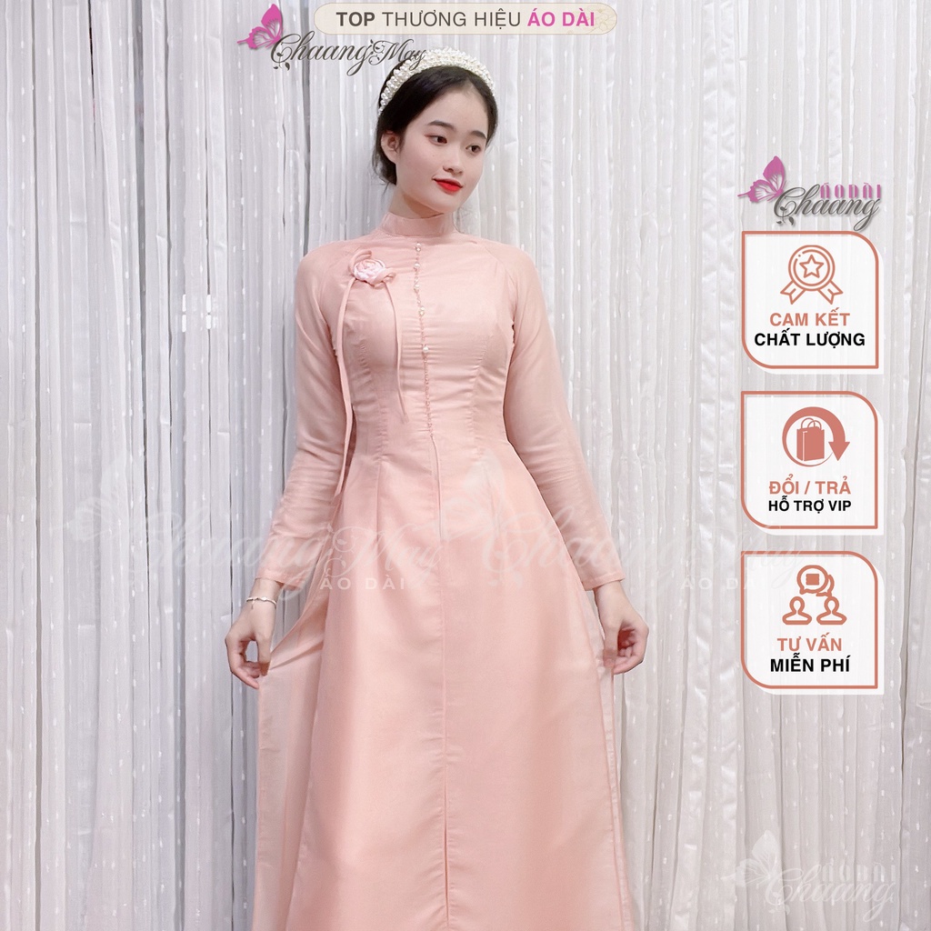 Áo dài cách tân nữ Tú Lệ hồng đỏ đô Chaang may sẵn lụa tơ xẻ 4 tà đính hoa nơ dự tiệc cưới lễ tết đẹp ADC687