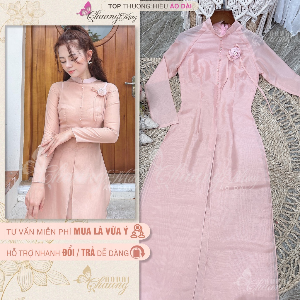Áo dài cách tân nữ Tú Lệ hồng đỏ đô Chaang may sẵn lụa tơ xẻ 4 tà đính hoa nơ dự tiệc cưới lễ tết đẹp ADC687