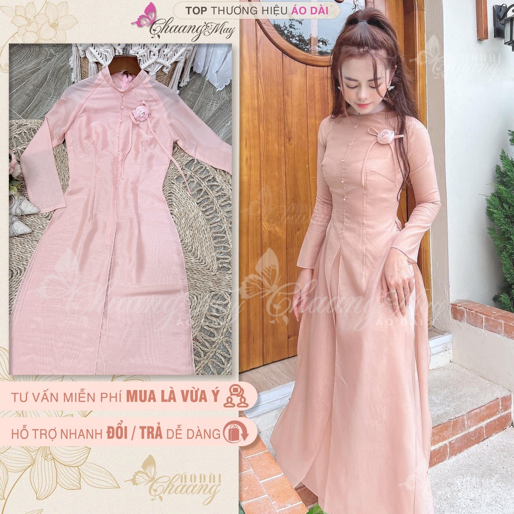 Áo dài cách tân nữ Tú Lệ hồng đỏ đô Chaang may sẵn lụa tơ xẻ 4 tà đính hoa nơ dự tiệc cưới lễ tết đẹp ADC687