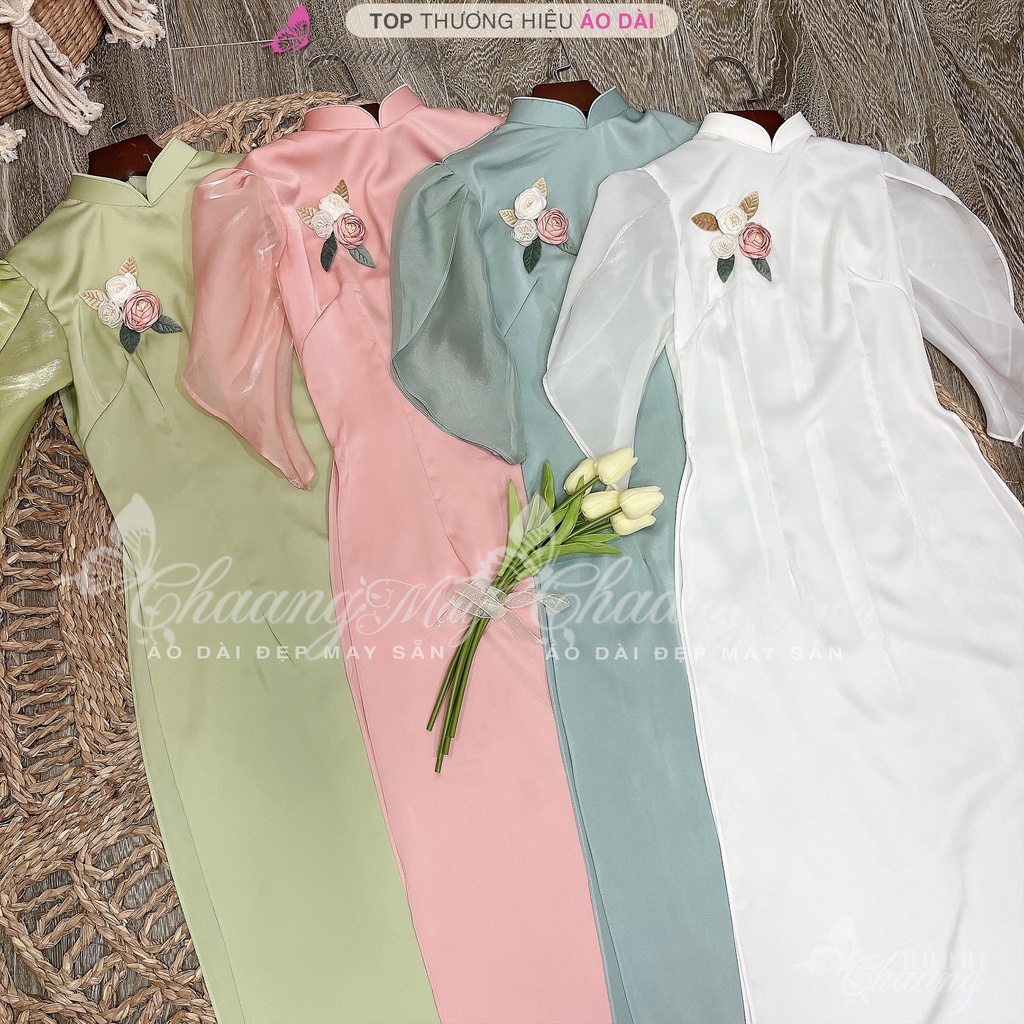 Áo dài cách tân nữ tay cánh hoa hồng Chaang may sẵn vải lụa dáng truyền thống dự tiệc cưới lễ tết đẹp ADC683
