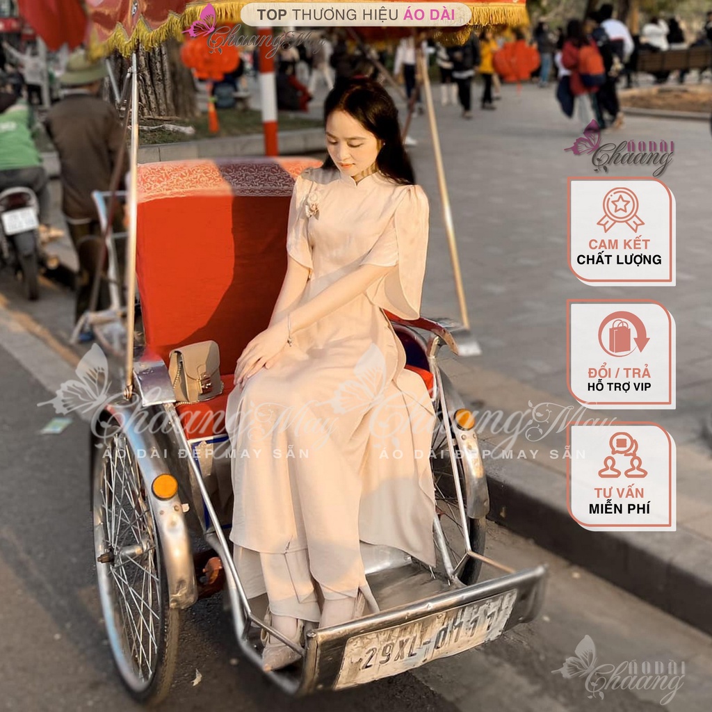 Áo dài cách tân nữ tay cánh hoa hồng Chaang may sẵn vải lụa dáng truyền thống dự tiệc cưới lễ tết đẹp ADC683