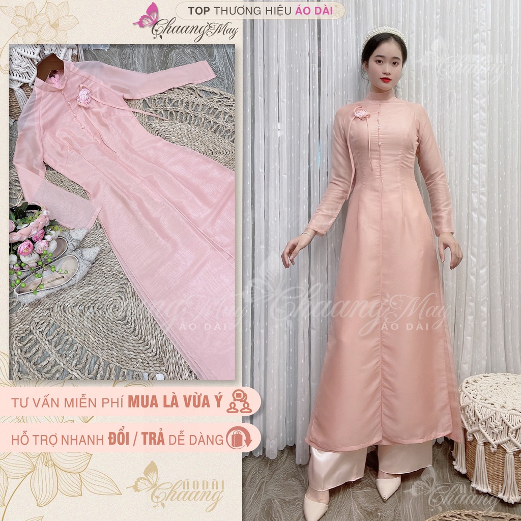 Áo dài cách tân nữ Tú Lệ hồng đỏ đô Chaang may sẵn lụa tơ xẻ 4 tà đính hoa nơ dự tiệc cưới lễ tết đẹp ADC687